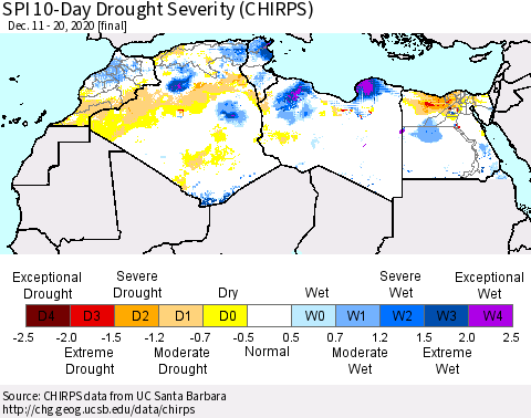 North Africa SPI 10-Day Drought Severity (CHIRPS) Thematic Map For 12/11/2020 - 12/20/2020