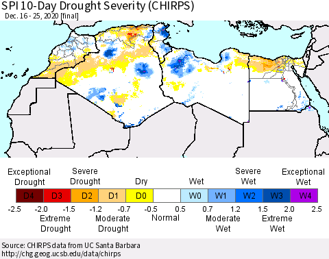 North Africa SPI 10-Day Drought Severity (CHIRPS) Thematic Map For 12/16/2020 - 12/25/2020