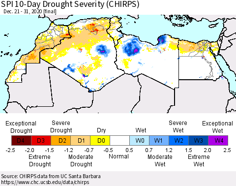 North Africa SPI 10-Day Drought Severity (CHIRPS) Thematic Map For 12/21/2020 - 12/31/2020