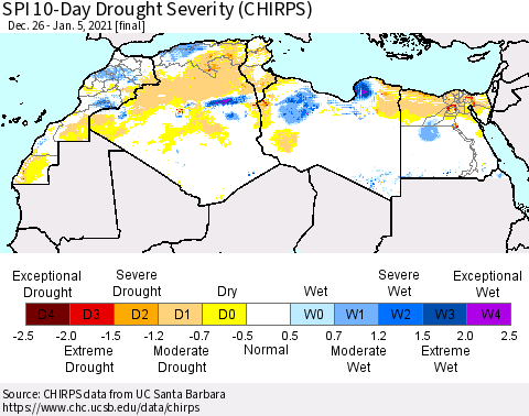 North Africa SPI 10-Day Drought Severity (CHIRPS) Thematic Map For 12/26/2020 - 1/5/2021