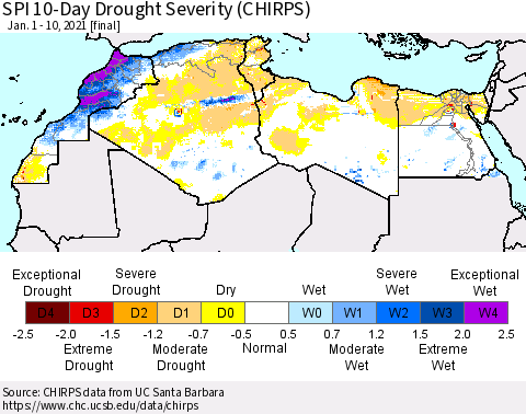 North Africa SPI 10-Day Drought Severity (CHIRPS) Thematic Map For 1/1/2021 - 1/10/2021