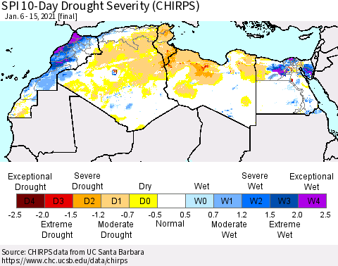 North Africa SPI 10-Day Drought Severity (CHIRPS) Thematic Map For 1/6/2021 - 1/15/2021