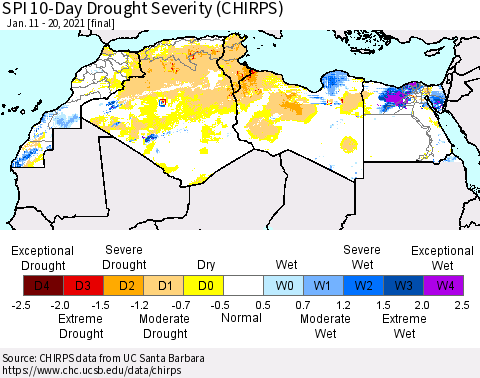 North Africa SPI 10-Day Drought Severity (CHIRPS) Thematic Map For 1/11/2021 - 1/20/2021