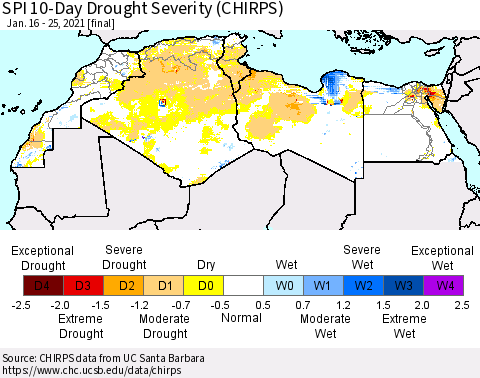 North Africa SPI 10-Day Drought Severity (CHIRPS) Thematic Map For 1/16/2021 - 1/25/2021