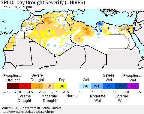 North Africa SPI 10-Day Drought Severity (CHIRPS) Thematic Map For 1/21/2021 - 1/31/2021