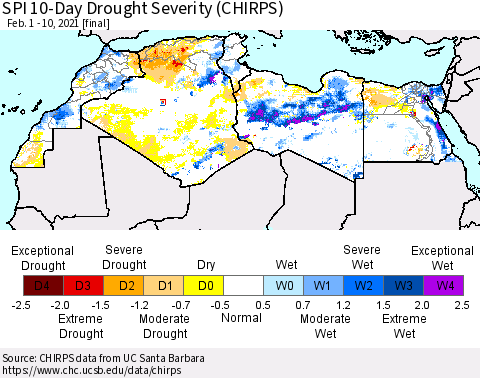 North Africa SPI 10-Day Drought Severity (CHIRPS) Thematic Map For 2/1/2021 - 2/10/2021