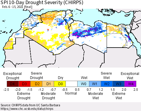 North Africa SPI 10-Day Drought Severity (CHIRPS) Thematic Map For 2/6/2021 - 2/15/2021