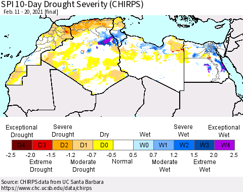 North Africa SPI 10-Day Drought Severity (CHIRPS) Thematic Map For 2/11/2021 - 2/20/2021