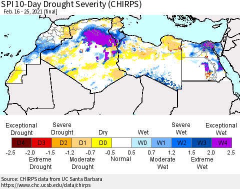 North Africa SPI 10-Day Drought Severity (CHIRPS) Thematic Map For 2/16/2021 - 2/25/2021