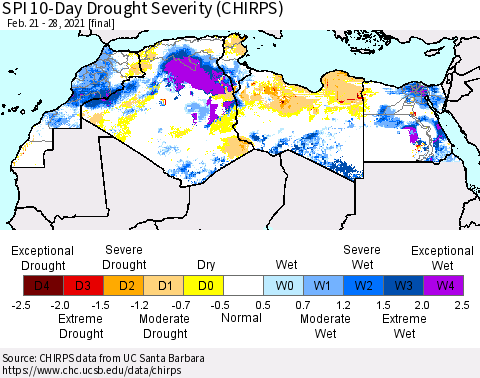 North Africa SPI 10-Day Drought Severity (CHIRPS) Thematic Map For 2/21/2021 - 2/28/2021