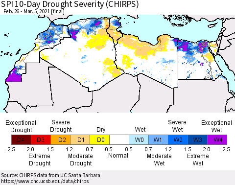 North Africa SPI 10-Day Drought Severity (CHIRPS) Thematic Map For 2/26/2021 - 3/5/2021