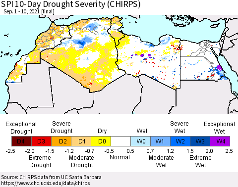 North Africa SPI 10-Day Drought Severity (CHIRPS) Thematic Map For 9/1/2021 - 9/10/2021