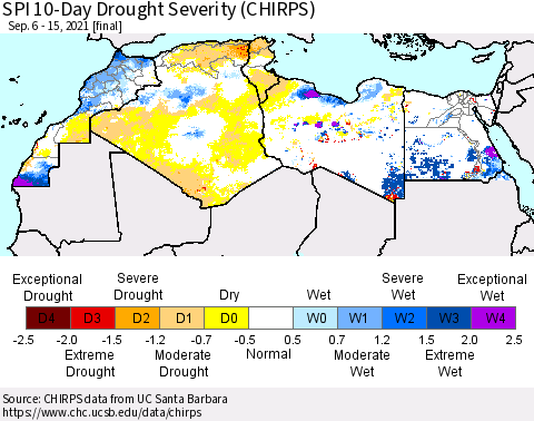 North Africa SPI 10-Day Drought Severity (CHIRPS) Thematic Map For 9/6/2021 - 9/15/2021