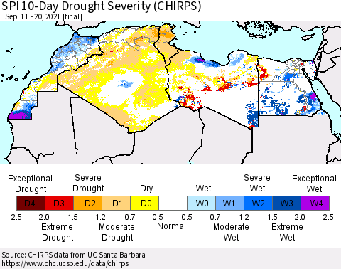 North Africa SPI 10-Day Drought Severity (CHIRPS) Thematic Map For 9/11/2021 - 9/20/2021