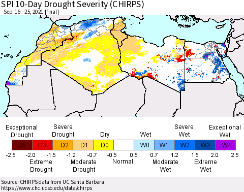 North Africa SPI 10-Day Drought Severity (CHIRPS) Thematic Map For 9/16/2021 - 9/25/2021