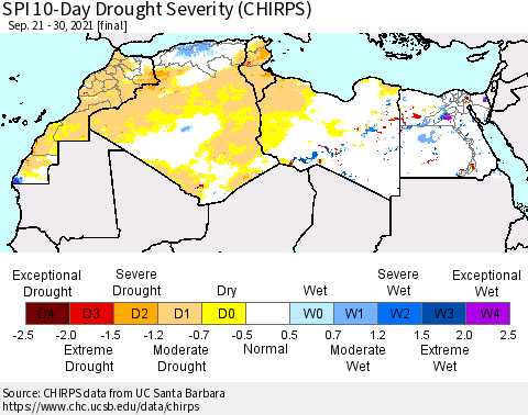 North Africa SPI 10-Day Drought Severity (CHIRPS) Thematic Map For 9/21/2021 - 9/30/2021