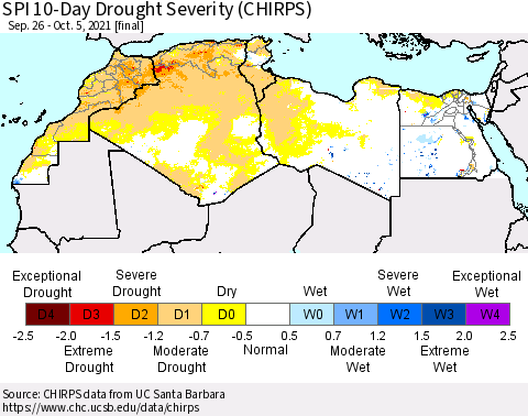 North Africa SPI 10-Day Drought Severity (CHIRPS) Thematic Map For 9/26/2021 - 10/5/2021