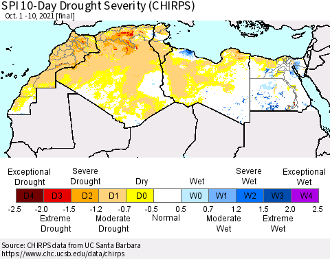 North Africa SPI 10-Day Drought Severity (CHIRPS) Thematic Map For 10/1/2021 - 10/10/2021