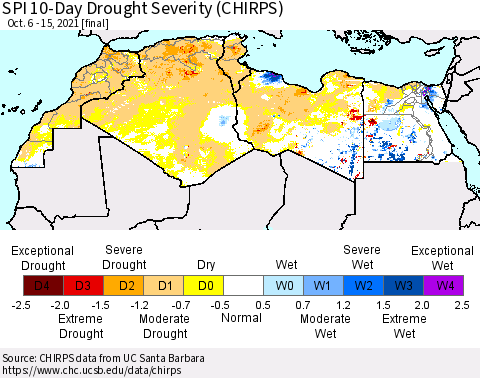 North Africa SPI 10-Day Drought Severity (CHIRPS) Thematic Map For 10/6/2021 - 10/15/2021