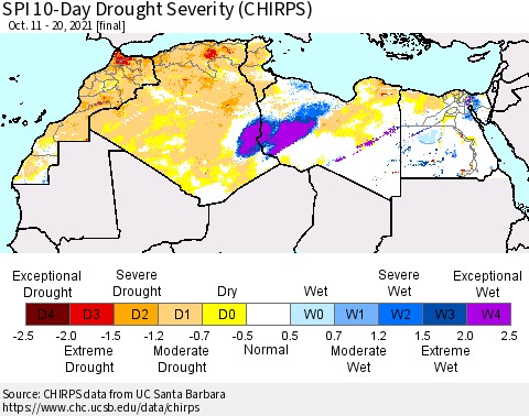 North Africa SPI 10-Day Drought Severity (CHIRPS) Thematic Map For 10/11/2021 - 10/20/2021