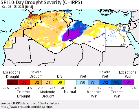 North Africa SPI 10-Day Drought Severity (CHIRPS) Thematic Map For 10/16/2021 - 10/25/2021
