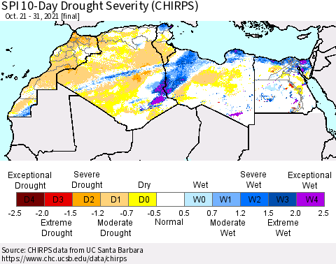 North Africa SPI 10-Day Drought Severity (CHIRPS) Thematic Map For 10/21/2021 - 10/31/2021