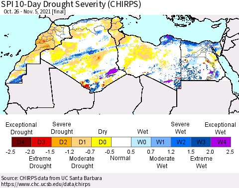North Africa SPI 10-Day Drought Severity (CHIRPS) Thematic Map For 10/26/2021 - 11/5/2021
