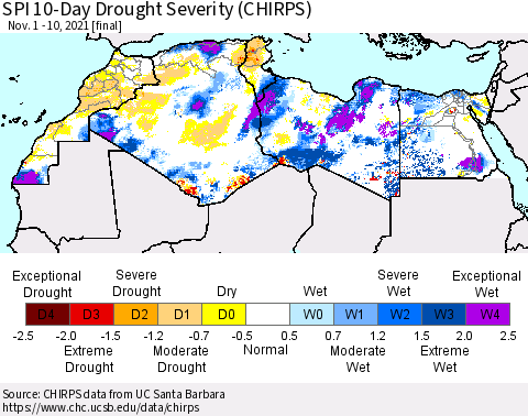 North Africa SPI 10-Day Drought Severity (CHIRPS) Thematic Map For 11/1/2021 - 11/10/2021