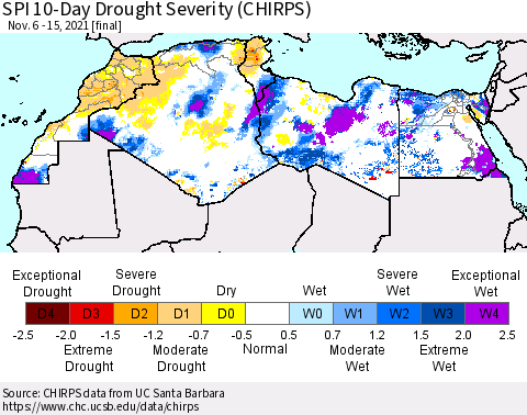 North Africa SPI 10-Day Drought Severity (CHIRPS) Thematic Map For 11/6/2021 - 11/15/2021