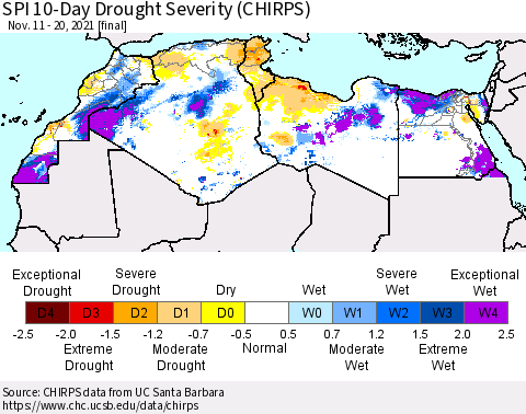 North Africa SPI 10-Day Drought Severity (CHIRPS) Thematic Map For 11/11/2021 - 11/20/2021