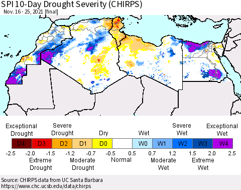 North Africa SPI 10-Day Drought Severity (CHIRPS) Thematic Map For 11/16/2021 - 11/25/2021