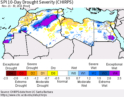 North Africa SPI 10-Day Drought Severity (CHIRPS) Thematic Map For 11/21/2021 - 11/30/2021