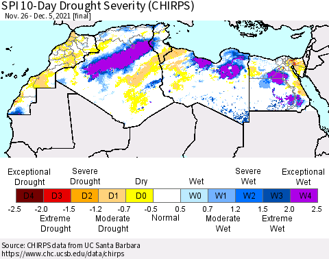 North Africa SPI 10-Day Drought Severity (CHIRPS) Thematic Map For 11/26/2021 - 12/5/2021