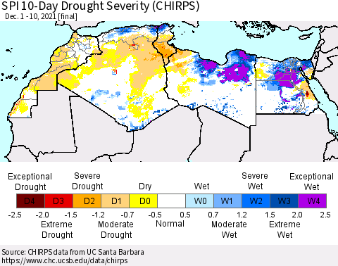 North Africa SPI 10-Day Drought Severity (CHIRPS) Thematic Map For 12/1/2021 - 12/10/2021