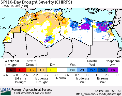 North Africa SPI 10-Day Drought Severity (CHIRPS) Thematic Map For 12/6/2021 - 12/15/2021