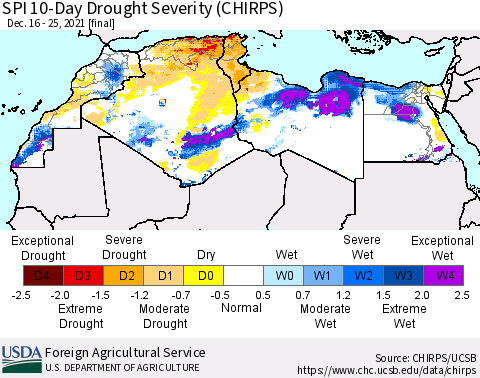 North Africa SPI 10-Day Drought Severity (CHIRPS) Thematic Map For 12/16/2021 - 12/25/2021