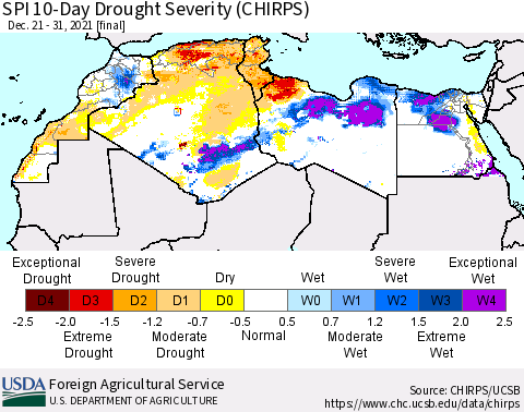 North Africa SPI 10-Day Drought Severity (CHIRPS) Thematic Map For 12/21/2021 - 12/31/2021