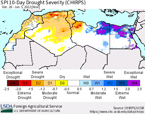 North Africa SPI 10-Day Drought Severity (CHIRPS) Thematic Map For 12/26/2021 - 1/5/2022