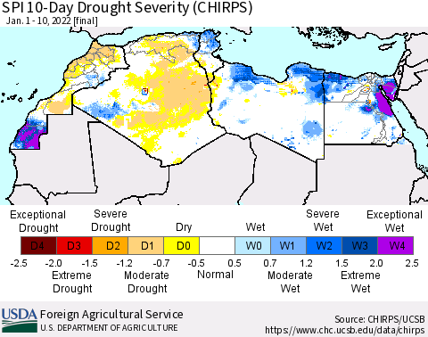 North Africa SPI 10-Day Drought Severity (CHIRPS) Thematic Map For 1/1/2022 - 1/10/2022