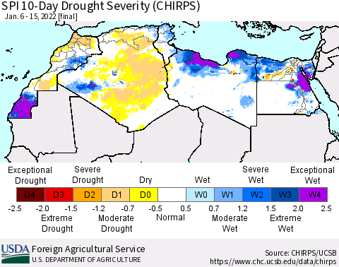 North Africa SPI 10-Day Drought Severity (CHIRPS) Thematic Map For 1/6/2022 - 1/15/2022