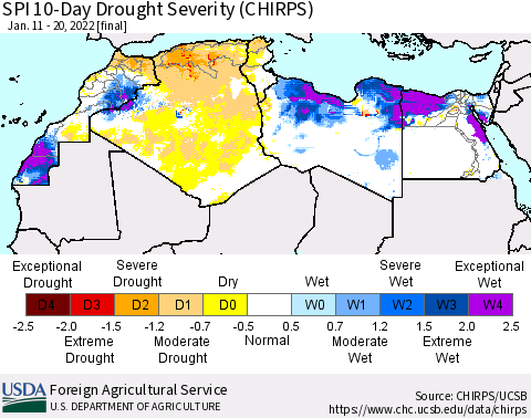 North Africa SPI 10-Day Drought Severity (CHIRPS) Thematic Map For 1/11/2022 - 1/20/2022
