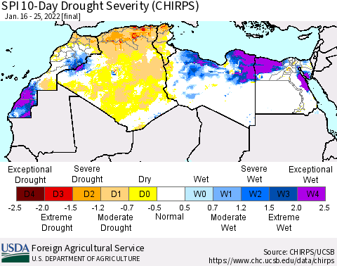North Africa SPI 10-Day Drought Severity (CHIRPS) Thematic Map For 1/16/2022 - 1/25/2022