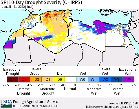 North Africa SPI 10-Day Drought Severity (CHIRPS) Thematic Map For 1/21/2022 - 1/31/2022