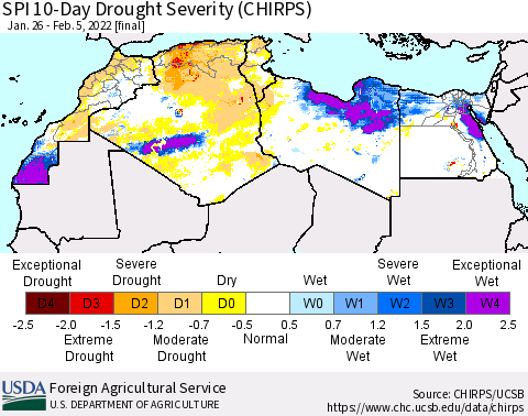 North Africa SPI 10-Day Drought Severity (CHIRPS) Thematic Map For 1/26/2022 - 2/5/2022