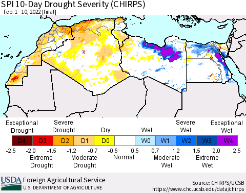 North Africa SPI 10-Day Drought Severity (CHIRPS) Thematic Map For 2/1/2022 - 2/10/2022
