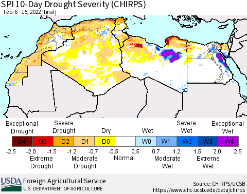 North Africa SPI 10-Day Drought Severity (CHIRPS) Thematic Map For 2/6/2022 - 2/15/2022