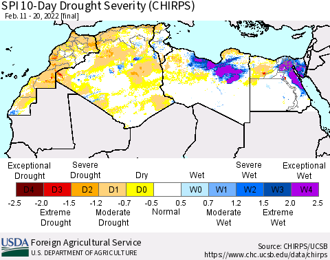 North Africa SPI 10-Day Drought Severity (CHIRPS) Thematic Map For 2/11/2022 - 2/20/2022