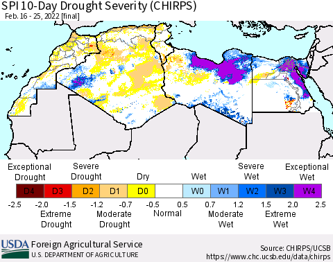 North Africa SPI 10-Day Drought Severity (CHIRPS) Thematic Map For 2/16/2022 - 2/25/2022