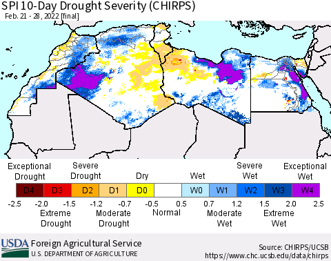 North Africa SPI 10-Day Drought Severity (CHIRPS) Thematic Map For 2/21/2022 - 2/28/2022