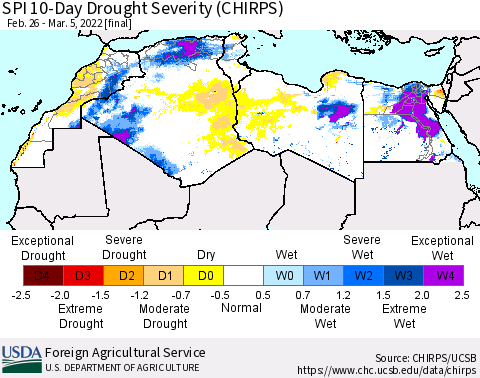 North Africa SPI 10-Day Drought Severity (CHIRPS) Thematic Map For 2/26/2022 - 3/5/2022